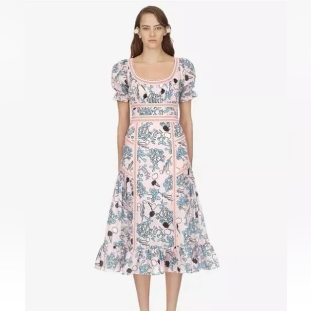 Self-Portrait Pink Floral Midi Dress with Blue Floral Print and Black Accents - Picture 2 of 8